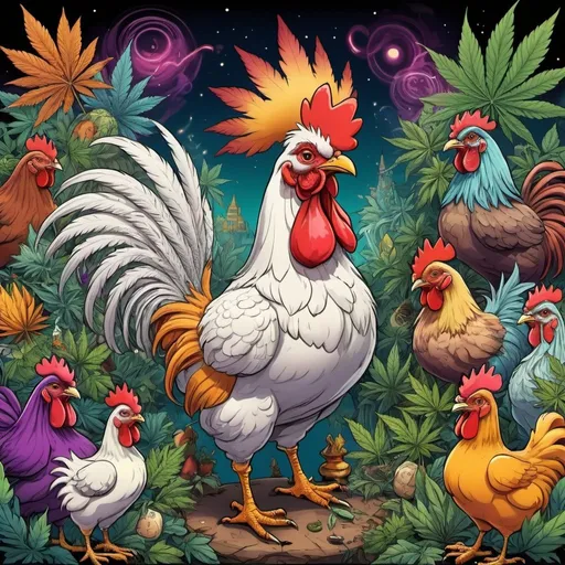 Prompt: prompt de base : Cartoon illustration " POULE majestueuse  " with basmoking big joint with friends and big cannabis, vibrant and colorful, whimsical fantasy setting, intricate details, high quality, misc-manga, fantasy, vibrant colors, intricate design, magical atmosphere.

