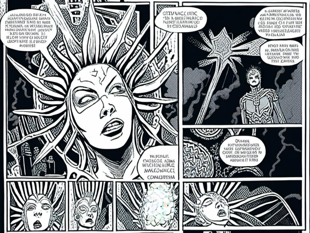 Prompt: <mymodel>stroyboard, storytelling, script comic bookdetailed inked panels, special edition storytelling, high-quality, professional, real, intense actionteenage female cenobite with face covered in symmetrical metal blades and machines. insane laughter, dead, dead white eyes, Goddess of love and pain, divine madness, detailed facial expression, suspended in air by chains coming out of her body, ultra fine details, masterpiece, <mymodel>stroyboard, storytelling, script comic book