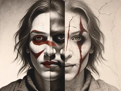 Prompt: <mymodel> split face half screen Jesus other half joker, contrast of light and dark, good and evil, kind and cruel, ultra realistic, detailed facial features, intense expression, high contrast, realistic, dark and light tones, dramatic lighting, split personality