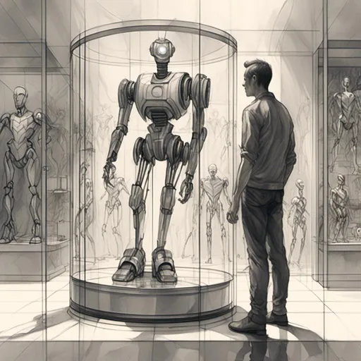 Prompt: <mymodel>a drawing of a robot standing next to a machine in a glass case with a man inside of it, Artgerm, panfuturism, ex machina, concept art