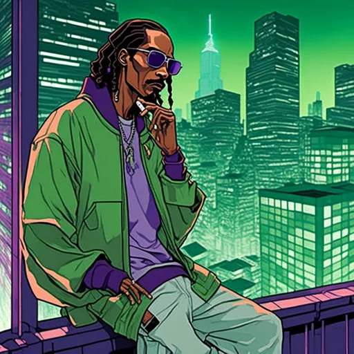 Prompt: <mymodel>Anime illustration of Snoop Dogg smoking, shades of green and purple, urban city setting, futuristic skyscrapers in the background, detailed clothing with cool textures, relaxed and chill expression, high-tech accessories, city lights casting a cool glow, 4k, ultra-detailed, anime, urban, cool tones, detailed clothing, professional, atmospheric lighting