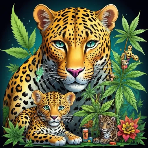 Prompt: prompt de base : Cartoon illustration "a leopard and its cub " with basmoking big joint with friends and big cannabis, vibrant and colorful, whimsical fantasy setting, intricate details, high quality, misc-manga, fantasy, vibrant colors, intricate design, magical atmosphere.
