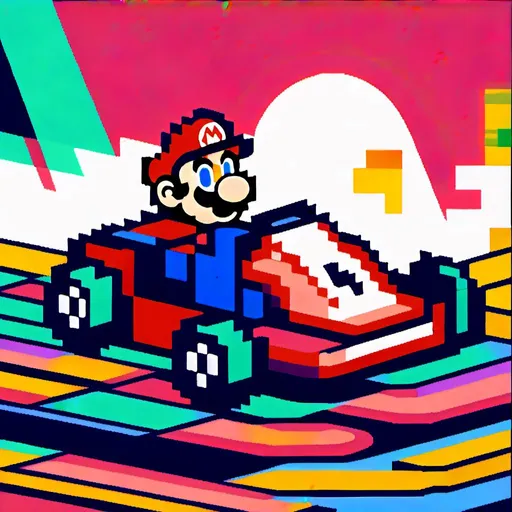 Prompt: Mario-style kart race illustration, vibrant and playful, 8-bit pixel art, colorful characters, dynamic racing action, iconic power-ups, cheerful and energetic atmosphere, high quality, classic, pixel art, vibrant colors, dynamic action, playful, kart race, iconic power-ups, cheerful atmosphere<mymodel>