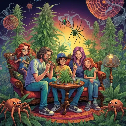 Prompt: prompt de base : Cartoon illustration " Family Adams Mercredi with spider   " with basmoking big joint with friends and big cannabis, vibrant and colorful, whimsical fantasy setting, intricate details, high quality, misc-manga, fantasy, vibrant colors, intricate design, magical atmosphere.
