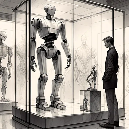 Prompt: <mymodel>a drawing of a robot standing next to a machine in a glass case with a man inside of it, Artgerm, panfuturism, ex machina, concept art