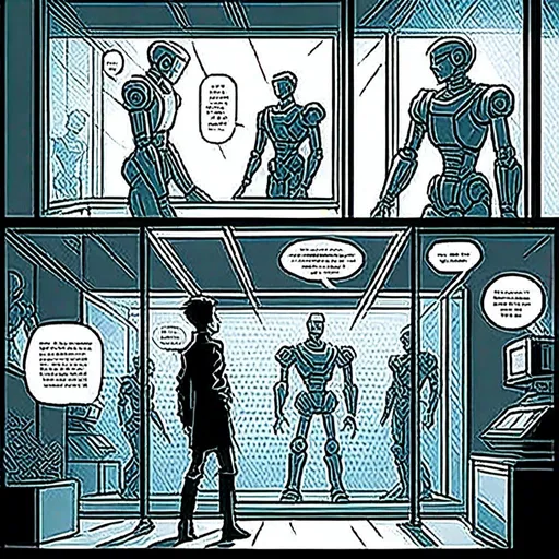 Prompt: <mymodel>a robot standing next to a machine in a glass case with a man inside of it, Artgerm, panfuturism, ex machina, concept art robot stortelling of  panels of comic for manga, with speech bubbles. white and empty Speech bubbles, double page, surreal atmosphere, symbolic representation, high contrast, deep shadows, monochromatic, digital rendering, high quality, minimalist, conceptual art, graffiti style, abstract, surreal, symbolic, atmospheric lighting, comic édition. full strory comic love robot, white and empty Speech bubbles, stortelling  a robot standing next to a machine in a glass case with a man inside of it, Artgerm, panfuturism, ex machina, concept art