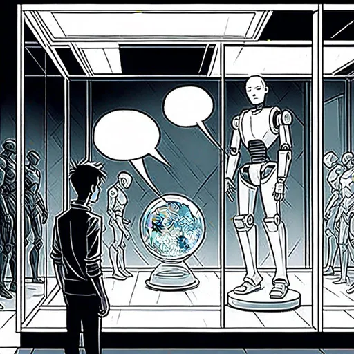 Prompt: <mymodel>a robot standing next to a machine in a glass case with a man inside of it, Artgerm, panfuturism, ex machina, concept art robot stortelling of  panels of comic for manga, with speech bubbles. white and empty Speech bubbles, double page, surreal atmosphere, symbolic representation, high contrast, deep shadows, monochromatic, digital rendering, high quality, minimalist, conceptual art, graffiti style, abstract, surreal, symbolic, atmospheric lighting, comic édition. full strory comic love robot, white and empty Speech bubbles, stortelling  a robot standing next to a machine in a glass case with a man inside of it, Artgerm, panfuturism, ex machina, concept art