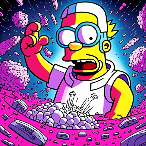 Prompt: <mymodel>Anime by Matt Groening, illustration of Homer Simpson kill the cat by Matt Groening; futuristic sci-fi setting, detailed characters, colorful and vibrant, highres, anime by Matt Groening, sci-fi, futuristic, detailed characters, vibrant colors, professional  Matt Groening, dynamic lighting