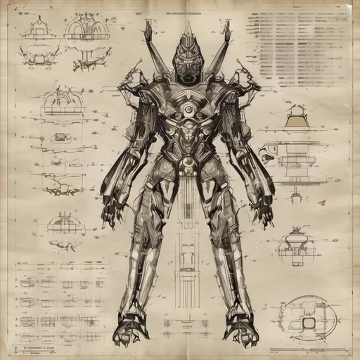 Prompt: blueprint: detailed engineering drawing: light mech, scifi, complex construction, components: dimension diagram, intricate design and technical specifications.Description d'un Golgoth de Goldorak :
Forme générale:

Les Golgoths sont des robots géants de combat, généralement humanoïdes, mais avec des formes et des proportions exagérées.
Ils mesurent environ une trentaine de mètres de haut et sont dotés d'une force et d'une résistance colossales.
Leur corps est souvent composé de plaques de métal rivetées, leur donnant un aspect bestial et guerrier.
Tête:

La tête des Golgoths est souvent disproportionnée par rapport au corps, avec un large front et une mâchoire proéminente.
Ils ont des yeux globuleux et injectés de sang, parfois munis de visières ou de lasers.
Leur bouche est généralement grande et garnie de dents acérées, exprimant une férocité bestiale.
Membres:

Les bras des Golgoths sont musclés et terminés par des griffes puissantes ou des armes intégrées.
Leurs jambes sont robustes et leur permettent de se déplacer rapidement et avec force.
Certains Golgoths possèdent des ailes leur permettant de voler.
Armes et capacités:

Les Golgoths sont équipés d'une large gamme d'armes, incluant des missiles, des lasers, des épées et des lances.
Ils peuvent également posséder des capacités spéciales comme la téléportation, l'invisibilité ou la génération de champs de force.
Leur puissance de destruction est généralement colossale, capable de raser des villes entières.
Couleur:

Les Golgoths sont généralement de couleur sombre, comme le noir, le gris ou le bleu foncé.
Ils peuvent parfois arborer des motifs ou des symboles sur leur corps.<mymodel>