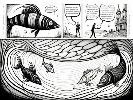 Prompt: <mymodel><mymodel>stroyboard, storytelling, script comic book, Creez un dessin a la main surrealiste en noir et blanc d'un poisson squelettique en train de nager dans un paysage onirique. Le poisson doit avoir des bulles de dialogue contenant des mots et des lettres etranges. Le fond doit etre abstrait et enigmatique. Couleurs : Noir et blanc. Style : Onirisme et abstrait. Dessin : A la main. Bulles de dialogue : Contenant des mots et des lettres etranges.