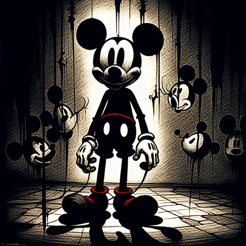 Prompt: <mymodel>Creepy, unsettling illustration of Mickey Mouse, dark and eerie ambiance, eerie details, high quality, detailed shadows, horror, sinister, disturbing, eerie lighting, surreal, unsettling atmosphere, dark tones, menacing, suspenseful, detailed, haunting, ominous