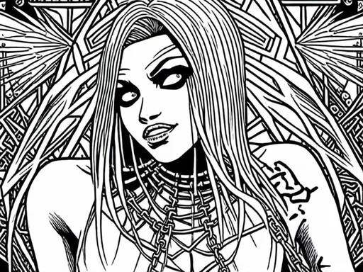 Prompt: <mymodel>detailed inked panels, special edition storytelling, high-quality, professional, real, intense actionteenage female cenobite with face covered in symmetrical metal blades and machines. insane laughter, dead, dead white eyes, Goddess of love and pain, divine madness, detailed facial expression, suspended in air by chains coming out of her body, ultra fine details, masterpiece