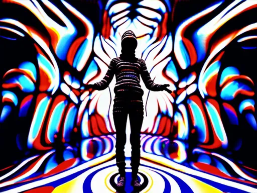 Prompt: <mymodel> full body shot, Cosmic celebration in psychedelic glitch art, glitch God, psychedelic and glitchy, cosmic drama, Insane 40 yr  glitch maker with goatee, insane laugh, glitched out eyes, black glitchy hoodie, dystopian background, cosmic giggle, divine laughter, intense facial emotions, divine madness,  glitch meme magic, strange, bizarre, weird, fine details, highest quality