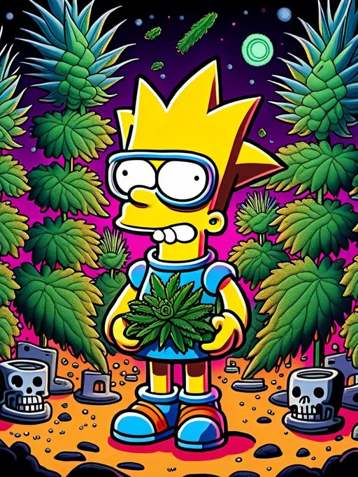 Prompt: Anime by Matt Groening, illustration of Bart Simpson with cannabis outfit  by Matt Groening; futuristic sci-fi setting, detailed characters, colorful and vibrant, highres, anime by Matt Groening, sci-fi, futuristic, detailed characters, vibrant colors, professional  Matt Groening, dynamic lighting<mymodel>