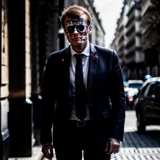 Prompt: frensch president macron, full stand up,  punk outfit, head with street tatoo , neoism, photo real, a stock photo