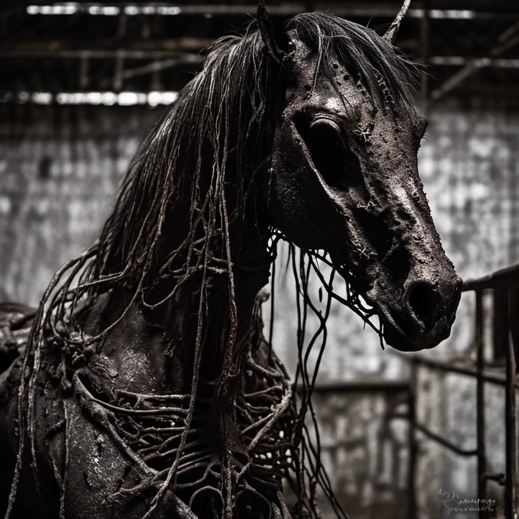 Prompt: Decaying horse, dark and eerie atmosphere, gloomy setting, macabre style, rotting flesh, haunting presence, eerie lighting, high contrast, unsettling details, visceral textures, eerie shadows, horror, gothic, distorted features, unsett<mymodel>ling, surreal, highres, eerie tones, visceral, atmospheric lighting