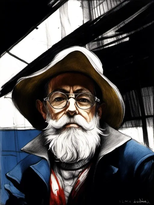 Prompt: <mymodel>a man with a white beard wearing a hat and glasses and a blue jacket and a black jacket and a yellow umbrella, Alberto Sughi, viennese actionism, thierry doizon, a flemish Baroque