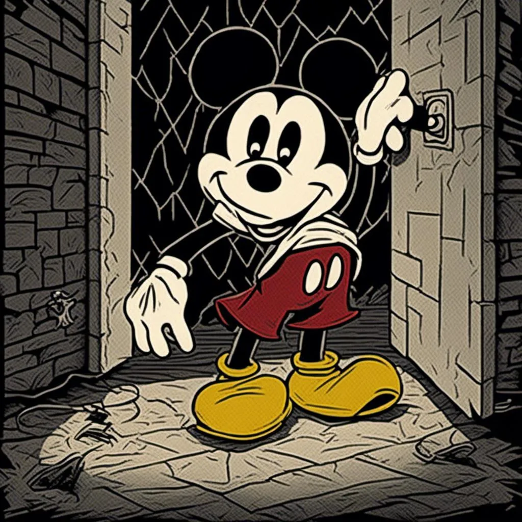 Prompt: <mymodel>Creepy, unsettling illustration of Mickey Mouse, dark and eerie ambiance, eerie details, high quality, detailed shadows, horror, sinister, disturbing, eerie lighting, surreal, unsettling atmosphere, dark tones, menacing, suspenseful, detailed, haunting, ominous