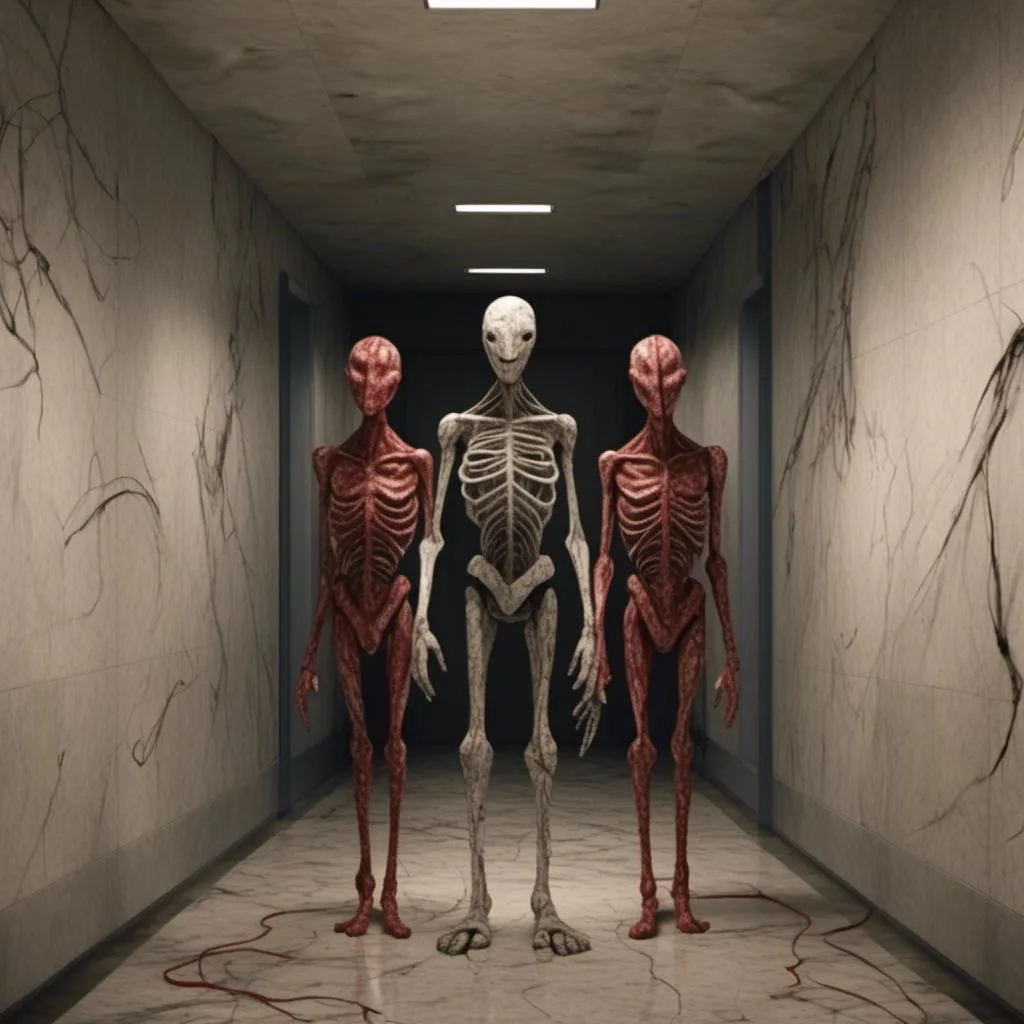 Prompt: <mymodel>a creepy looking creature with a large head and two smaller heads on his body in a hallway with a wall, shock art, hyper real, a 3D render