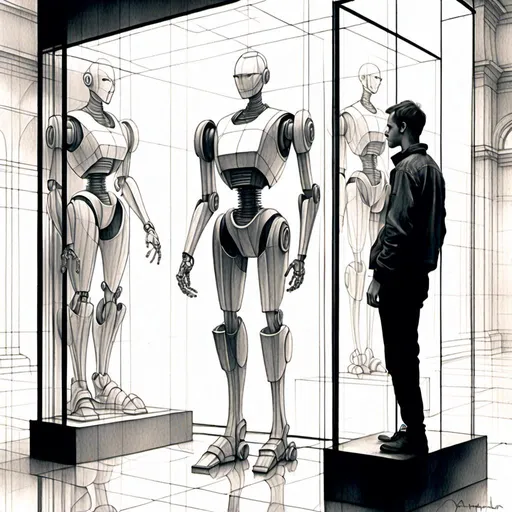 Prompt: <mymodel>a drawing of a robot standing next to a machine in a glass case with a man inside of it, Artgerm, panfuturism, ex machina, concept art