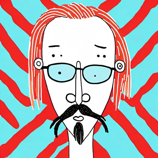 Prompt: <mymodel><mymodel>Bearded man drawn like a logo, whit mustache,no hair, bald head, White cotton t-shirt with horizontal red stripes very regular and 1cm large, round glasses, high quality, detailed design, minimalistic, professional lighting, cool tones, minimalist style, highres, detailed facial hair, mature, sophisticated, cool tones, minimalistic, focused lighting<mymodel>