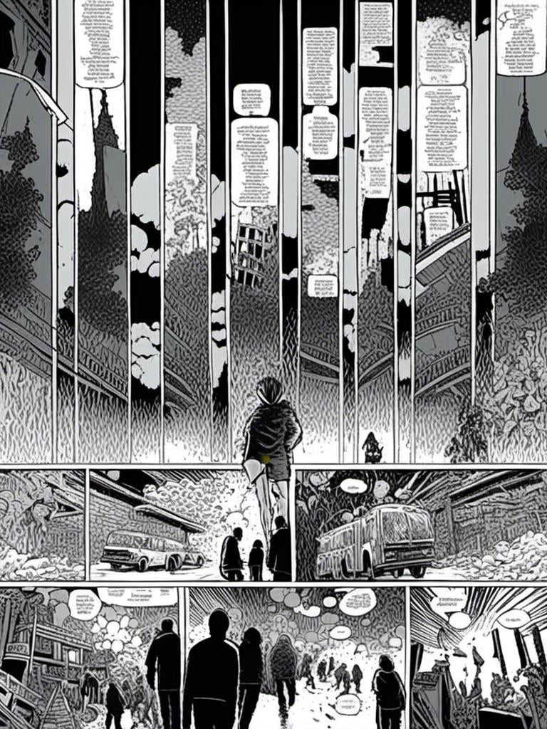 Prompt: <mymodel>a end  of all stortelling of  panels of comic for manga, surreal atmosphere, symbolic representation, high contrast, deep shadows, monochromatic, digital rendering, high quality, minimalist, conceptual art, graffiti style, abstract, surreal, symbolic, atmospheric lighting, comic édition. full strory comic 