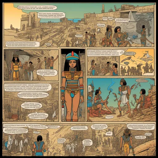 Prompt: <mymodel>"Full-page Egyptian hieroglyphic comic strip in Enki Bilal style, vibrant colors, detailed ancient symbols, intricate storytelling, high quality, vibrant colors, detailed storytelling, Enki Bilal style, ancient Egyptian, vibrant colors, detailed symbols, comic strip, intricate, high quality, cyder punk elements, science-fiction, futuristic, glass"