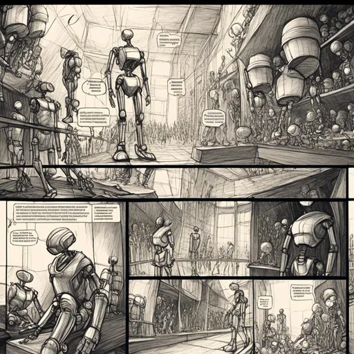 Prompt: <mymodel>Love robot storytelling in manga comic panels, surreal atmosphere, symbolic representation, high contrast, deep shadows, monochromatic, digital rendering, high quality, mini comic edition, full story comic, futuristic, dreamlike, detailed mechanical designs, emotional storytelling, manga style, double-page spread, professional, atmospheric lighting