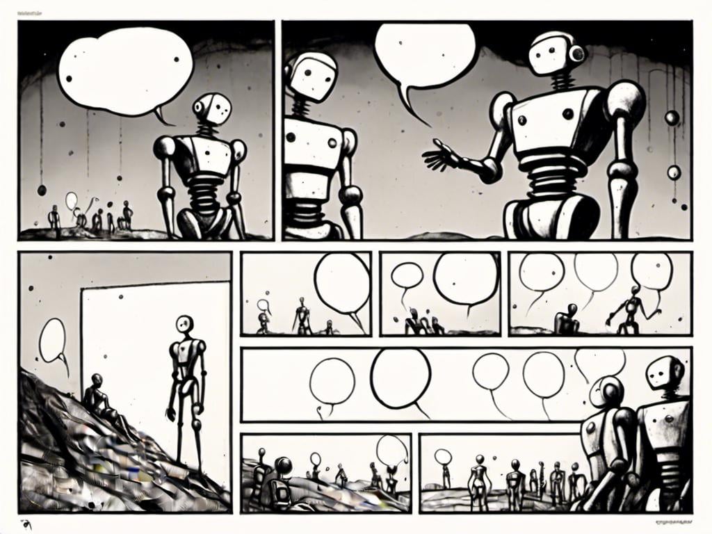 Prompt: <mymodel>love robot stortelling of  panels of comic for manga, with speech bubbles. white and empty Speech bubbles, double page, surreal atmosphere, symbolic representation, high contrast, deep shadows, monochromatic, digital rendering, high quality, minimalist, conceptual art, graffiti style, abstract, surreal, symbolic, atmospheric lighting, comic édition. full strory comic love robot, white and empty Speech bubbles, stortelling 