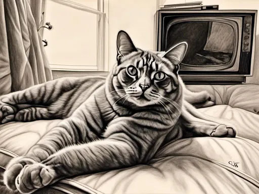 Prompt: <mymodel> a cat shows a cat on the living room television drawing of a contented cat enjoying, inked, detailed fur with subtle highlights, tranquil ambiance, high quality, charcoal drawing, realistic, detailed, contented cat, a cat shows a cat on the living room television, tranquil ambiance