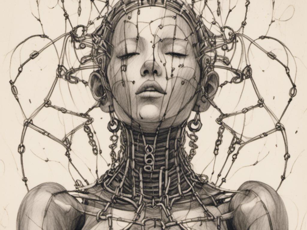 Prompt: <mymodel> teenage female cenobite with face covered in symmetrical metal blades and machines. insane laughter, dead, dead white eyes, Goddess of love and pain, divine madness, detailed facial expression, suspended in air by chains coming out of her body, ultra fine details, masterpiece