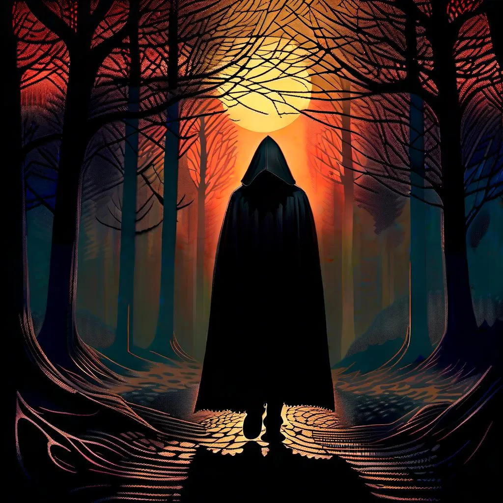 Prompt: It's a dark and eerie night, and something is about to happen. The air is thick with anticipation, and the darkness is filled with shadows. As the sun sets, the silence is broken by the sound of footsteps, and a shadowy figure appears in the distance. The figure is shrouded in a cloak, and it is impossible to see their face. As they get closer, the air becomes even thicker, and the shadows become darker. Something is about to happen......<mymodel>