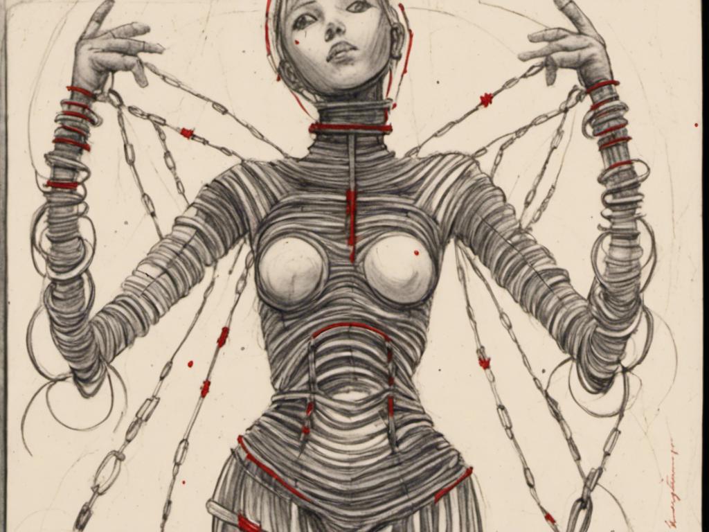 Prompt: <mymodel> teenage female cenobite with face covered in symmetrical metal blades and machines. insane laughter, dead, dead white eyes, Goddess of love and pain, divine madness, detailed facial expression, suspended in air by chains coming out of her body, ultra fine details, masterpiece