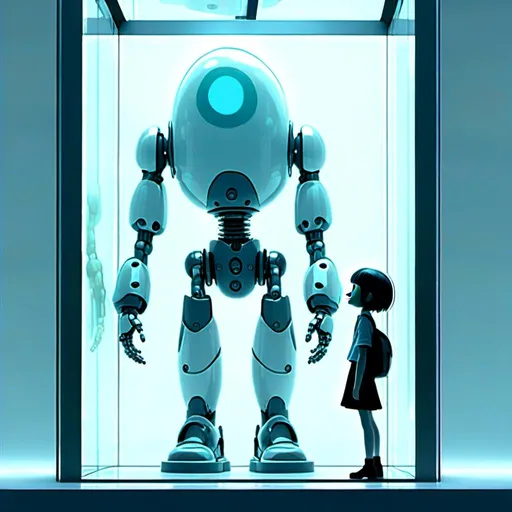 Prompt: <mymodel> a 3d render<mymodel>a robot standing next to a machine in a glass case with a man inside of it, Artgerm, panfuturism, ex machina, concept art robot stortelling of  panels of comic for manga, with speech bubbles. white and empty Speech bubbles, double page, surreal atmosphere, symbolic representation, high contrast, deep shadows, monochromatic, digital rendering, high quality, minimalist, conceptual art, graffiti style, abstract, surreal, symbolic, atmospheric lighting, comic édition. full strory comic love robot, white and empty Speech bubbles, stortelling  a robot standing next to a machine in a glass case with a man inside of it, Artgerm, panfuturism, ex machina, concept art