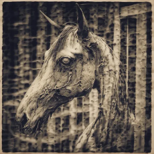 Prompt: Decaying horse, dark and eerie atmosphere, gloomy setting, macabre style, rotting flesh, haunting presence, eerie lighting, high contrast, unsettling details, visceral textures, eerie shadows, horror, gothic, distorted features, unsett<mymodel>ling, surreal, highres, eerie tones, visceral, atmospheric lighting