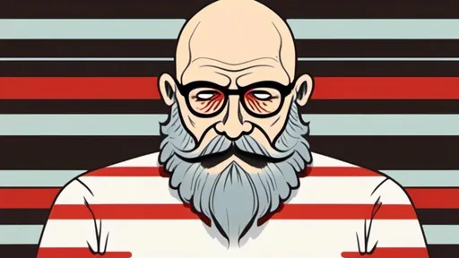 Prompt: <mymodel>illustration of a 55-year-old man full stand up with a hipster 2000 beard and mustache,no hair, bald head, White cotton t-shirt with horizontal red stripes very regular and 1cm large, round glasses, high quality, detailed design, minimalistic, professional lighting, cool tones, minimalist style, highres, detailed facial hair, mature, sophisticated, cool tones, minimalistic, focused lighting<mymodel>