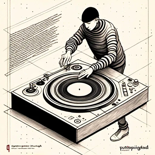 Prompt: <mymodel><mymodel> here's an isometric view of a hand DJ: In this isometric view, the DJ is standing with both hands on the turntable, manipulating the record. The record is spinning quickly, creating a dynamic effect. The turntable is positioned in the center of the isometric space, with the DJ's hands hovering above it. The DJ's arms are positioned slightly out to the sides, creating a dynamic and energetic composition. The whole scene is presented from an isometric viewpoint, with a dynamic perspective and a cinematic quality.