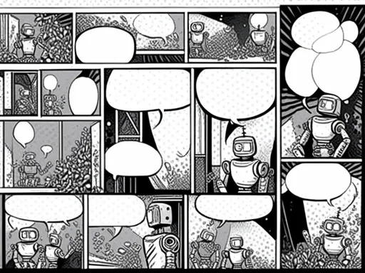 Prompt: <mymodel>love robot stortelling of  panels of comic for manga, with speech bubbles. white and empty Speech bubbles, double page, surreal atmosphere, symbolic representation, high contrast, deep shadows, monochromatic, digital rendering, high quality, minimalist, conceptual art, graffiti style, abstract, surreal, symbolic, atmospheric lighting, comic édition. full strory comic love robot, white and empty Speech bubbles, stortelling 