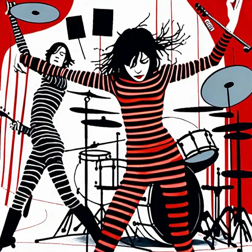 Prompt: <mymodel><mymodel>High energy digital art of The White Stripes performing Seven Nation Army, drums and Guitard, drums  vibrant colors, dynamic lighting, dramatic shadows, detailed guitar strings, intense drumming, artistic rendering, highres, ultra-detailed, music, rock, dynamic, vibrant colors, intense lighting, dramatic shadows, detailed instruments, drums and Guitard, drums  