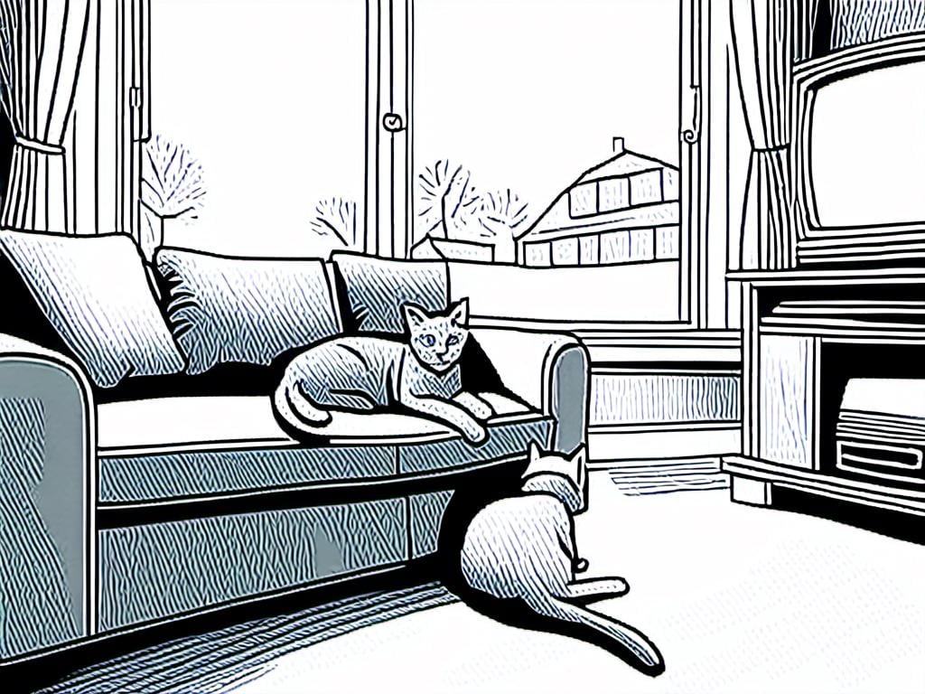 Prompt: <mymodel> a cat shows a cat on the living room television drawing of a contented cat enjoying, inked, detailed fur with subtle highlights, tranquil ambiance, high quality, charcoal drawing, realistic, detailed, contented cat, a cat shows a cat on the living room television, tranquil ambiance