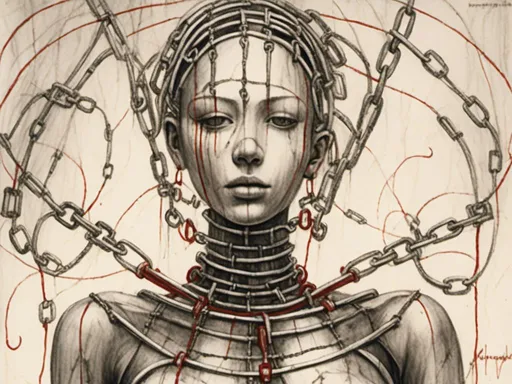 Prompt: <mymodel> teenage female cenobite with face covered in symmetrical metal blades and machines. insane laughter, dead, dead white eyes, Goddess of love and pain, divine madness, detailed facial expression, suspended in air by chains coming out of her body, ultra fine details, masterpiece