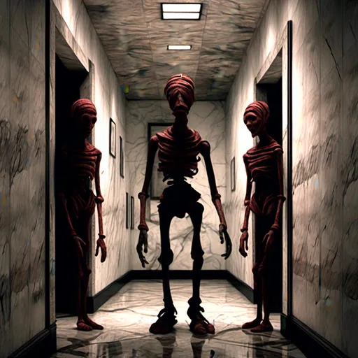 Prompt: <mymodel>a creepy looking creature with a large head and two smaller heads on his body in a hallway with a wall, shock art, hyper real, a 3D render