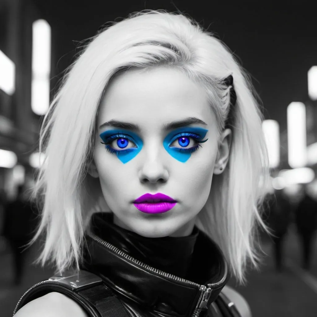 Prompt: France Info: https://www.francetvinfo.fr/ in cyber punk world,  very far away, black and white with magenta filter and blue lips or eyes 