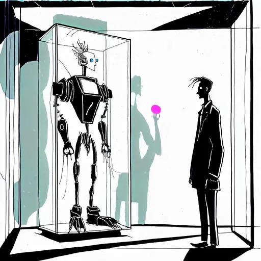 Prompt: <mymodel><mymodel>a robot standing next to a machine in a glass case with a man inside of it, Artgerm, panfuturism, ex machina, concept art robot stortelling of  panels of comic for manga, with speech bubbles. white and empty Speech bubbles, double page, surreal atmosphere, symbolic representation, high contrast, deep shadows, monochromatic, digital rendering, high quality, minimalist, conceptual art, graffiti style, abstract, surreal, symbolic, atmospheric lighting, comic édition. full strory comic love robot, white and empty Speech bubbles, stortelling  a robot standing next to a machine in a glass case with a man inside of it, Artgerm, panfuturism, ex machina, concept art