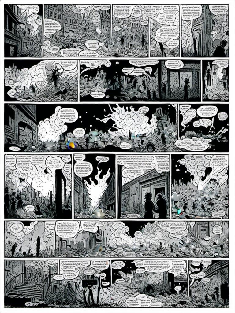 Prompt: <mymodel>a end  of all stortelling of  panels of comic for manga, surreal atmosphere, symbolic representation, high contrast, deep shadows, monochromatic, digital rendering, high quality, minimalist, conceptual art, graffiti style, abstract, surreal, symbolic, atmospheric lighting, comic édition. full strory comic 