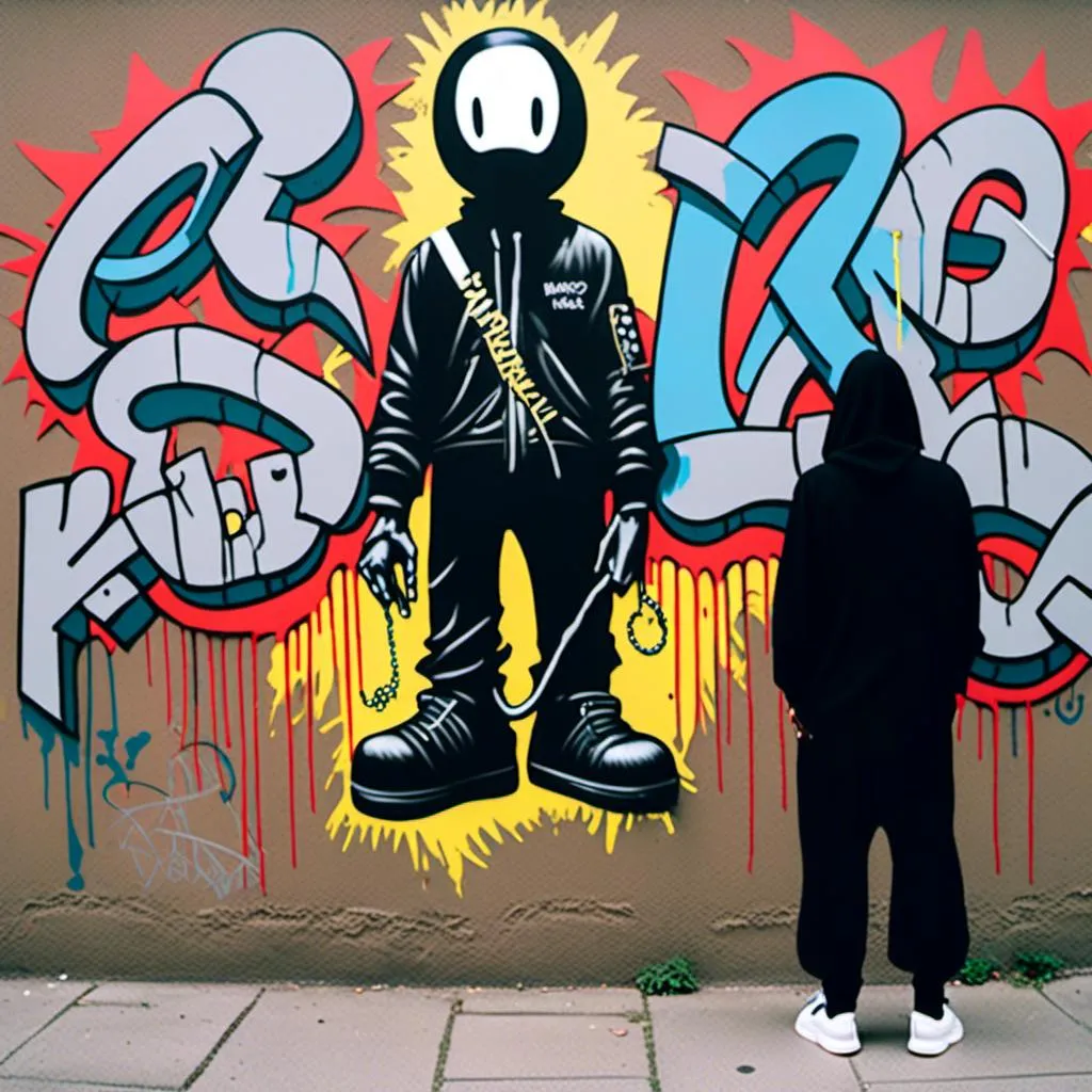 Prompt: a person in a black outfit holding a remote control in front of a wall with graffiti on it and a painting behind it, Banksy, figurativism, kaws, concept art<mymodel>