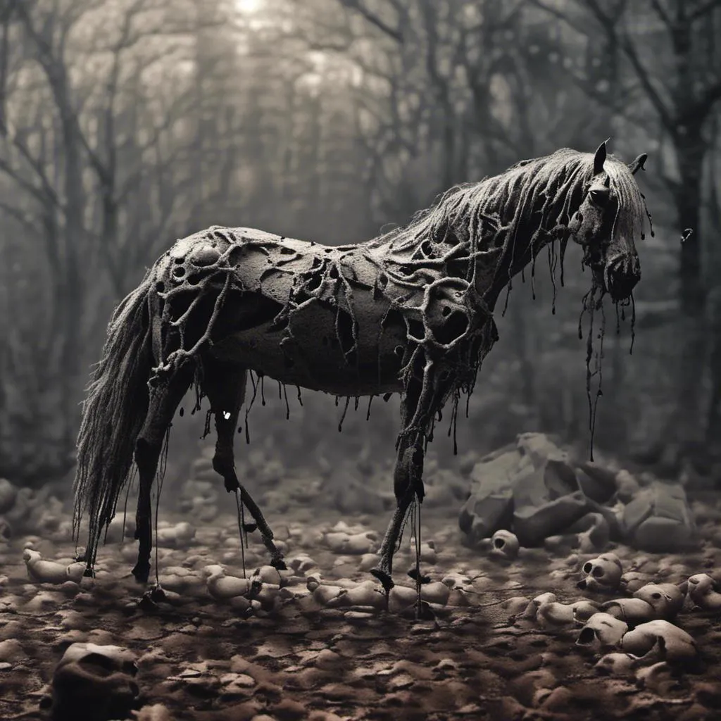 Prompt: Decaying horse, dark and eerie atmosphere, gloomy setting, macabre style, rotting flesh, haunting presence, eerie lighting, high contrast, unsettling details, visceral textures, eerie shadows, horror, gothic, distorted features, unsett<mymodel>ling, surreal, highres, eerie tones, visceral, atmospheric lighting