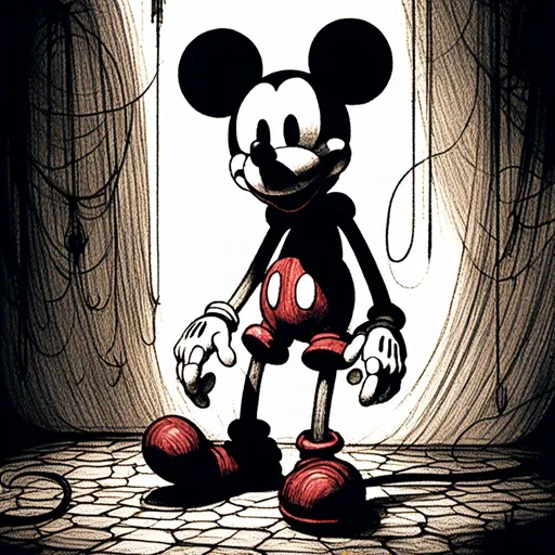 Prompt: <mymodel>Creepy, unsettling illustration of Mickey Mouse, dark and eerie ambiance, eerie details, high quality, detailed shadows, horror, sinister, disturbing, eerie lighting, surreal, unsettling atmosphere, dark tones, menacing, suspenseful, detailed, haunting, ominous