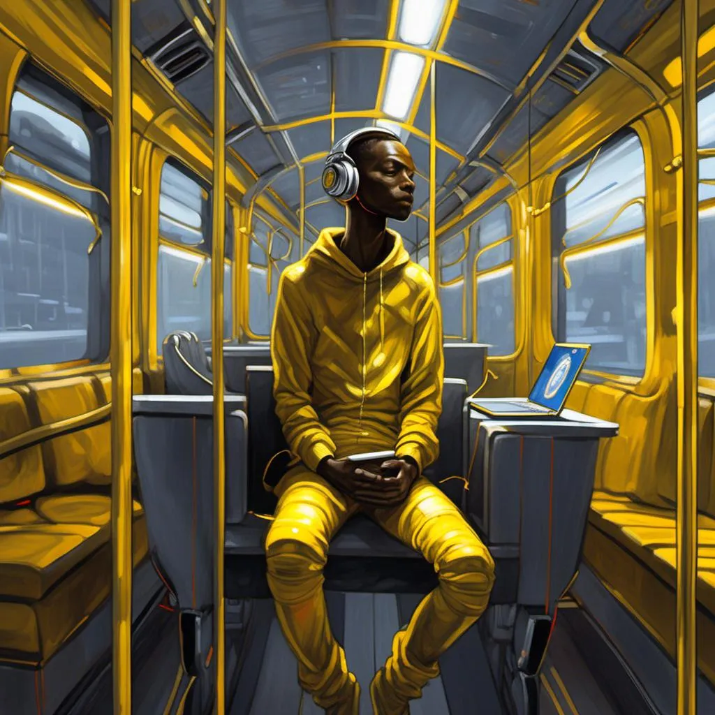 Prompt: a man with headphones and a laptop in a train car with lights on the ceiling and a yellow light, Android Jones, afrofuturism, cyborg, cyberpunk art<mymodel>