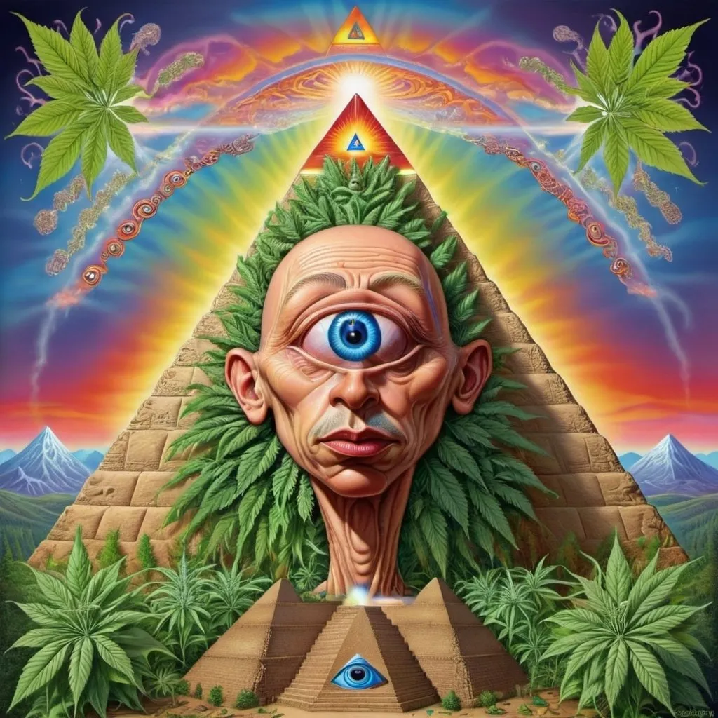 a pyramid with a third eye surrounded by marijuana l...